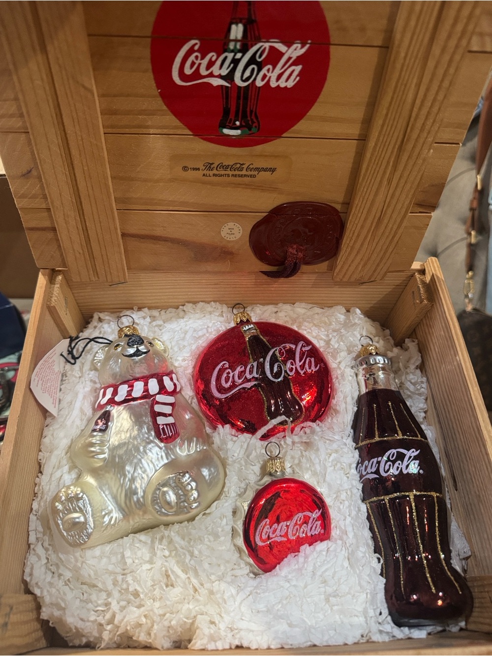 1996 vintage 30 yearsCoca Cola Red, White and Gold Holiday Ornament Gift Set